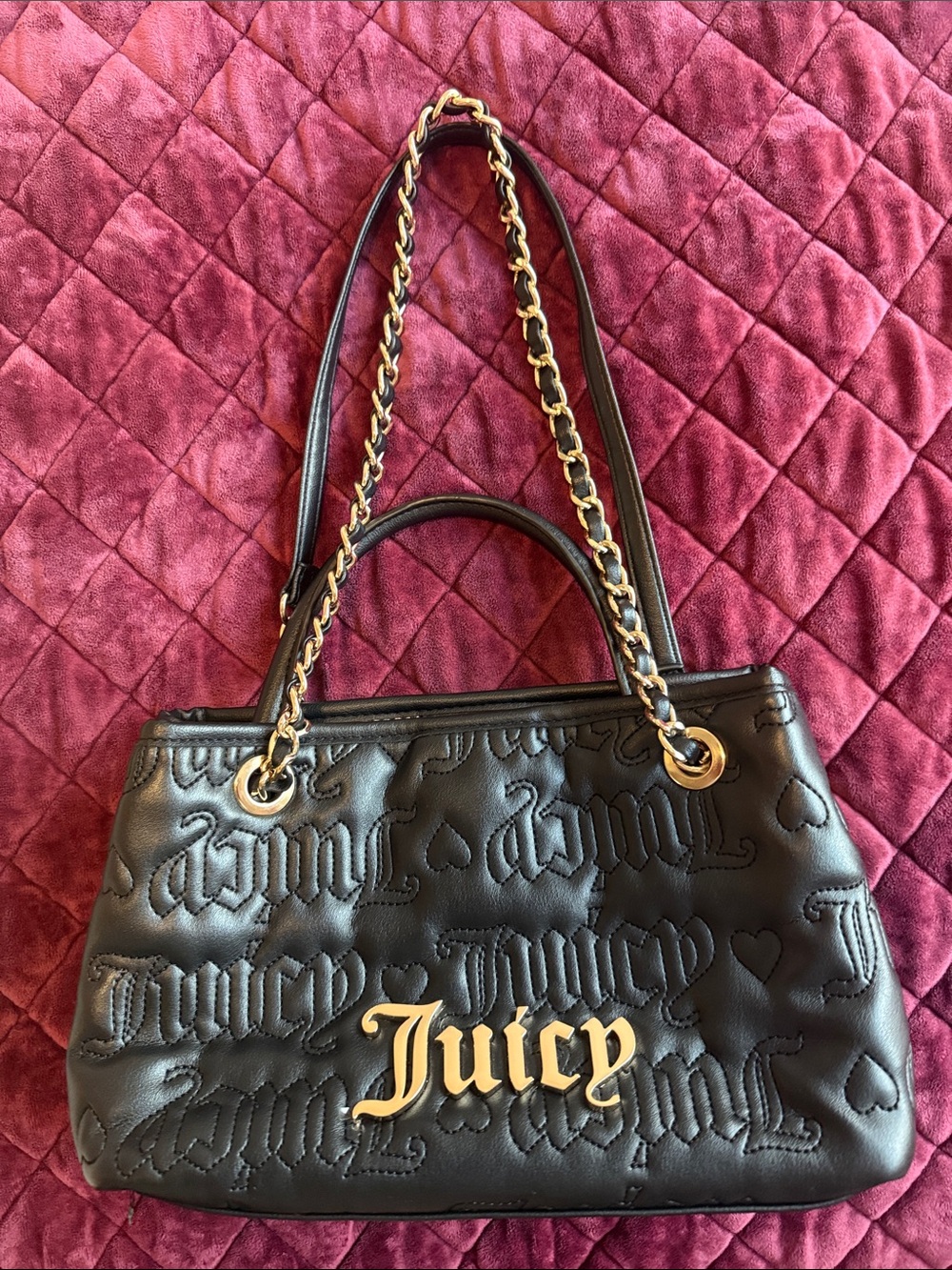 Juicy Couture Black Quilted Logo Shoulder Tote with Gold Chain